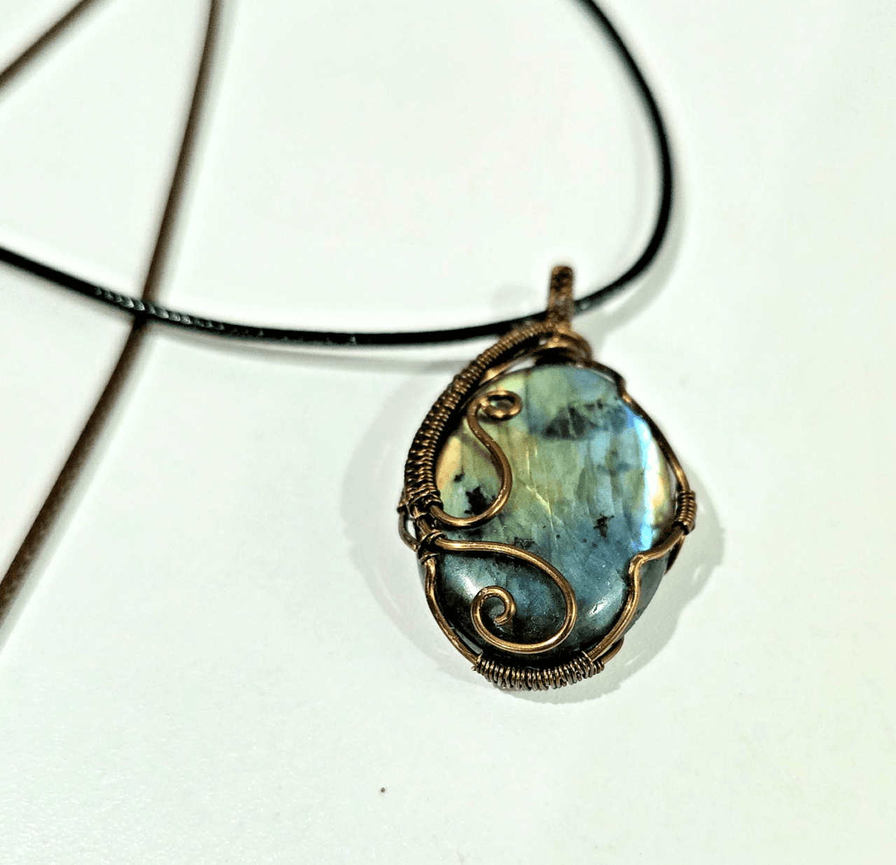 Labradorite Blue Flash Wire Wrapped Pendant Handcrafted Antique Finish Copper - Thumbnail 3