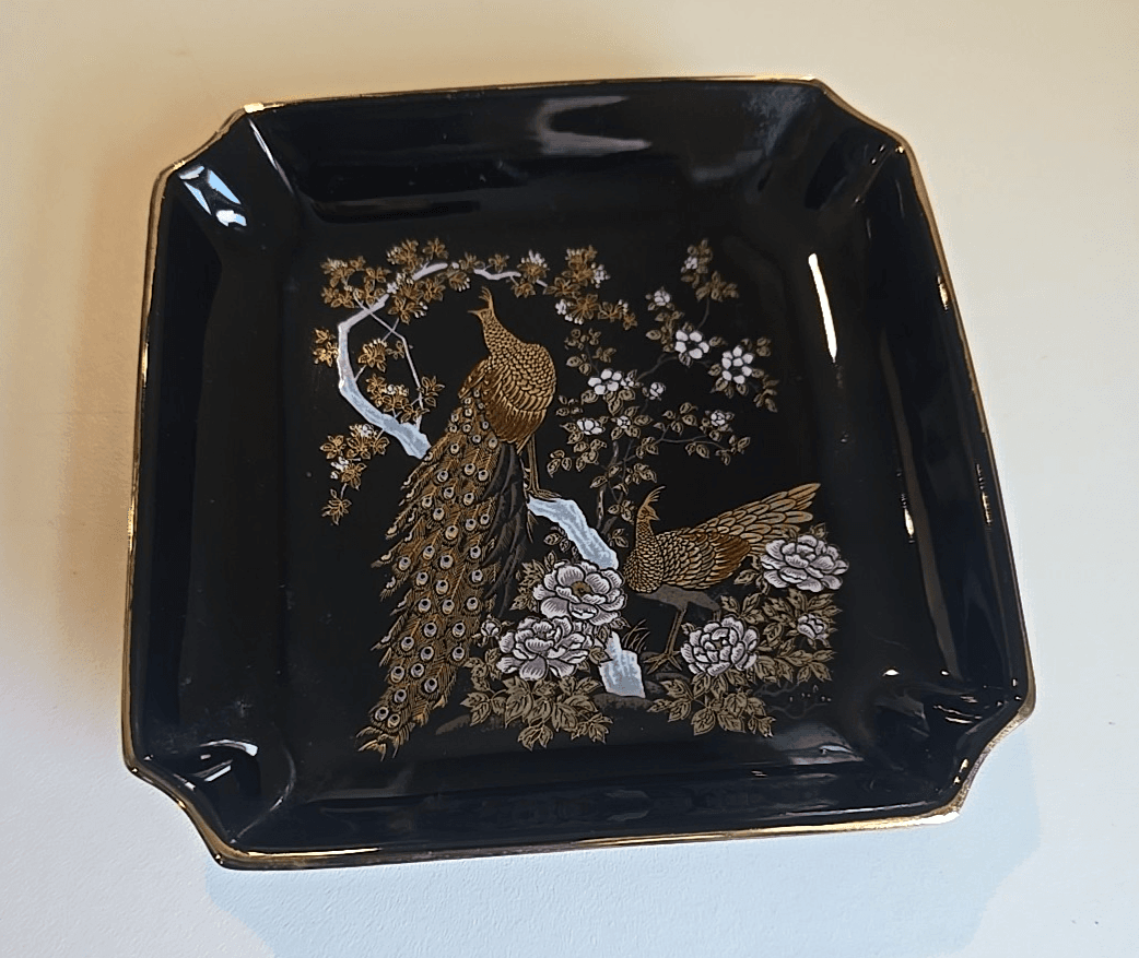 Vintage OMC Japan Peacock Square Porcelain Tray Candy Dish Black - Thumbnail 2