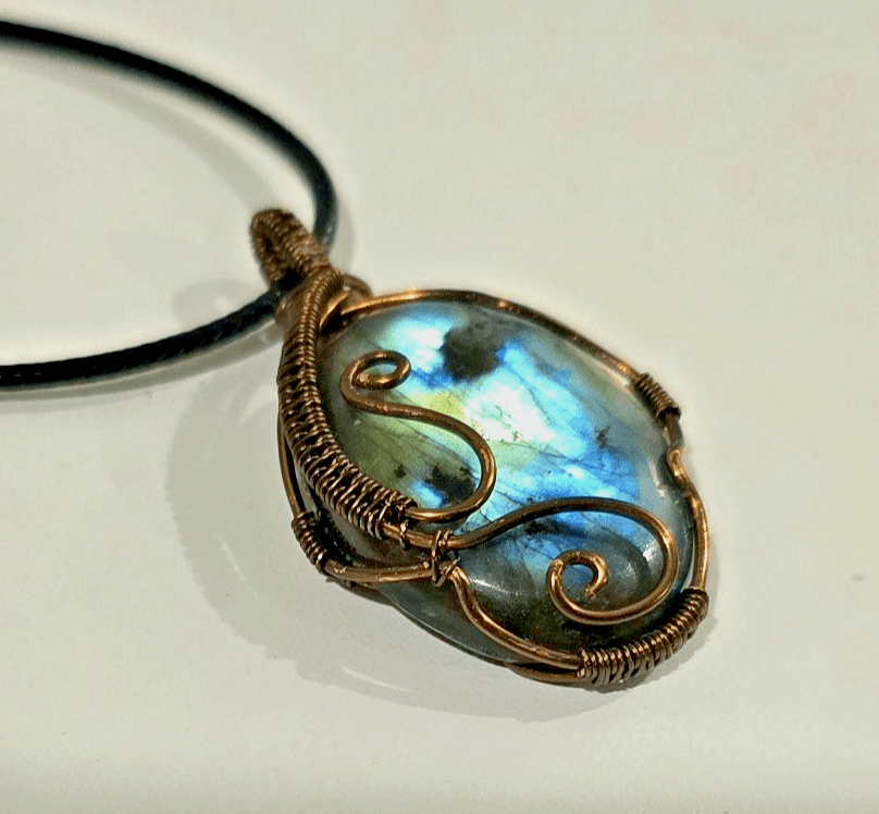 Labradorite Blue Flash Wire Wrapped Pendant Handcrafted Antique Finish Copper