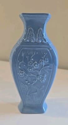 VTG Light Blue Ceramin Vase Floral Motifs Hexagonal 6 3/4" Signed 'BS' Rare