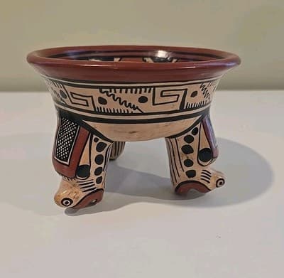 Vtg Latin America Ceremonial Tribal Tripod Polychrome Clay Bowl Folk Art Pottery - Thumbnail 8