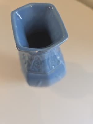 VTG Light Blue Ceramin Vase Floral Motifs Hexagonal 6 3/4" Signed 'BS' Rare - Thumbnail 5