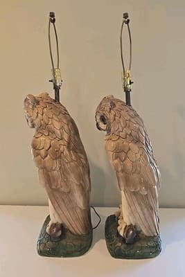 Pair of Mid Century Modern Large Chalkware Painted Owl Sculpture Table Lamps - Thumbnail 8