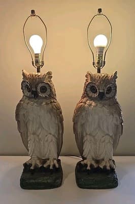 Pair of Mid Century Modern Large Chalkware Painted Owl Sculpture Table Lamps - Thumbnail 2