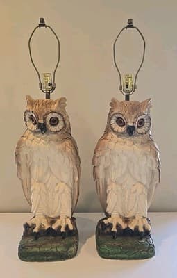 Pair of Mid Century Modern Large Chalkware Painted Owl Sculpture Table Lamps