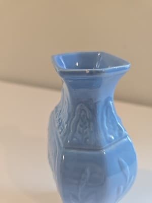 VTG Light Blue Ceramin Vase Floral Motifs Hexagonal 6 3/4" Signed 'BS' Rare - Thumbnail 4