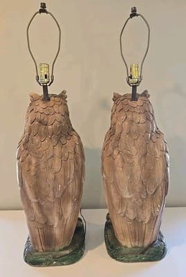 Pair of Mid Century Modern Large Chalkware Painted Owl Sculpture Table Lamps - Thumbnail 13