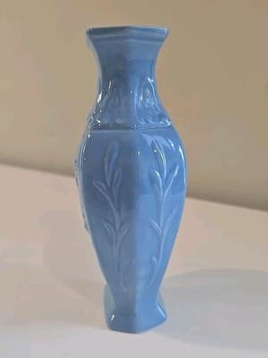 VTG Light Blue Ceramin Vase Floral Motifs Hexagonal 6 3/4" Signed 'BS' Rare - Thumbnail 8