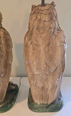 Pair of Mid Century Modern Large Chalkware Painted Owl Sculpture Table Lamps - Thumbnail 15