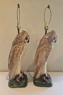 Pair of Mid Century Modern Large Chalkware Painted Owl Sculpture Table Lamps - Thumbnail 18