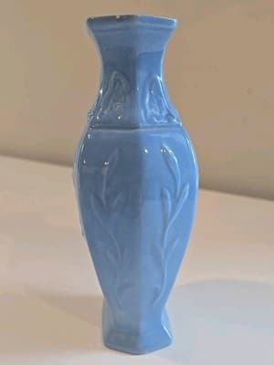 VTG Light Blue Ceramin Vase Floral Motifs Hexagonal 6 3/4" Signed 'BS' Rare - Thumbnail 3