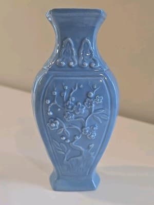 VTG Light Blue Ceramin Vase Floral Motifs Hexagonal 6 3/4" Signed 'BS' Rare - Thumbnail 7