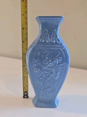 VTG Light Blue Ceramin Vase Floral Motifs Hexagonal 6 3/4" Signed 'BS' Rare - Thumbnail 2