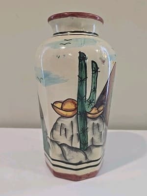 Mexican Hand Painted Girl Woman Cactus Vase Signed Pinal H. Mexico - Thumbnail 6