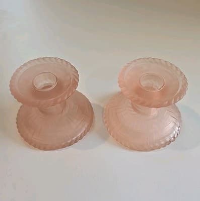 Vintage Pink Frosted Candleholder Set of 2 - Unusual Pattern - Unmarked - Thumbnail 11