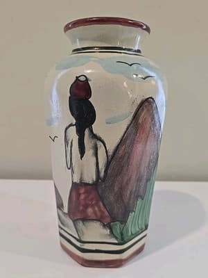 Mexican Hand Painted Girl Woman Cactus Vase Signed Pinal H. Mexico
