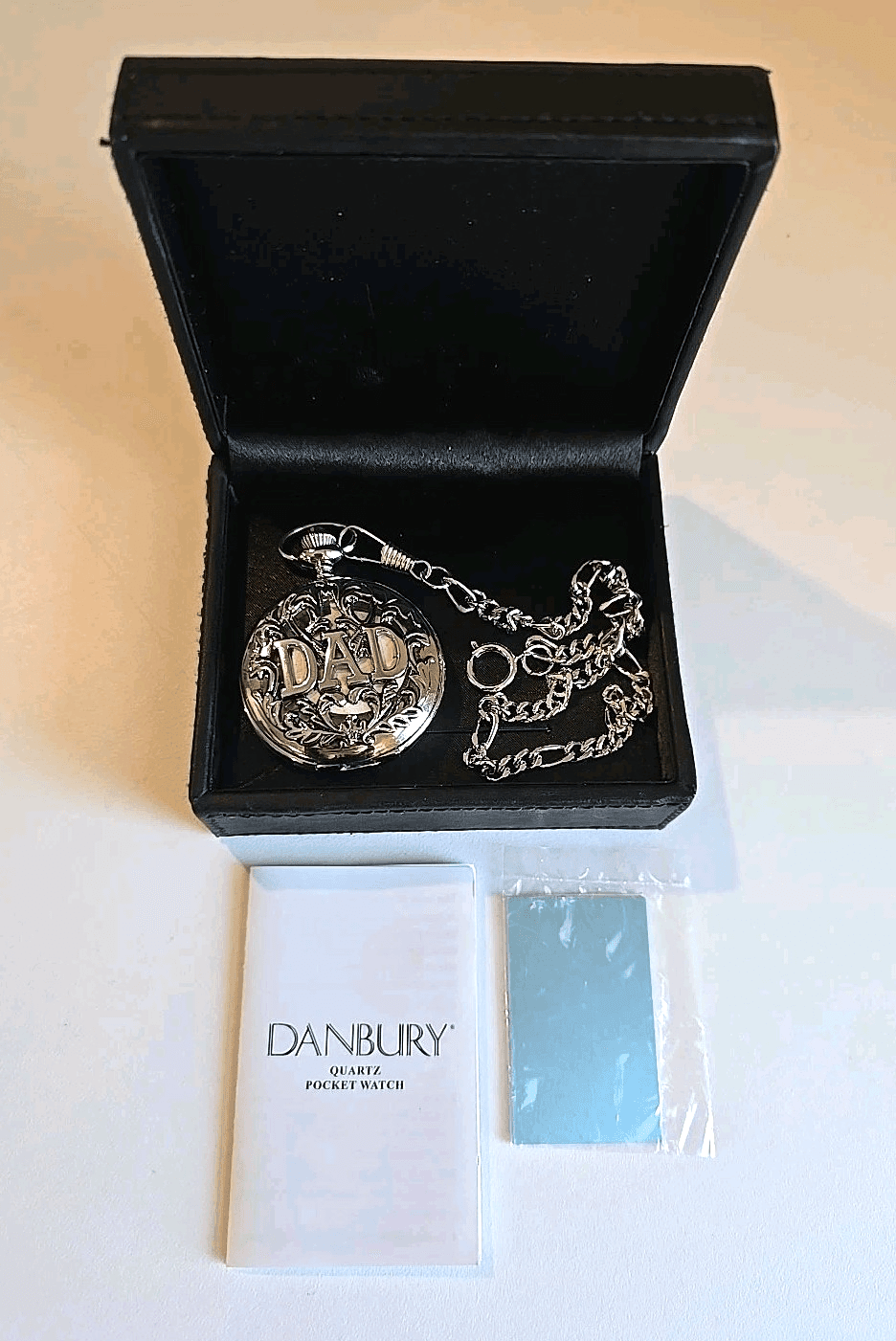 VTG Danbury Pocket Watch "Dad" Silver Quartz Japan with Original Box