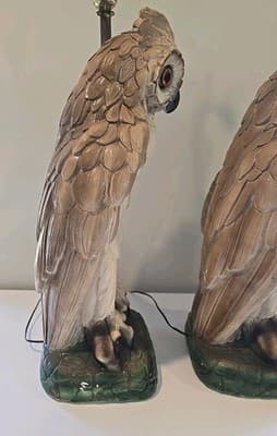 Pair of Mid Century Modern Large Chalkware Painted Owl Sculpture Table Lamps - Thumbnail 19