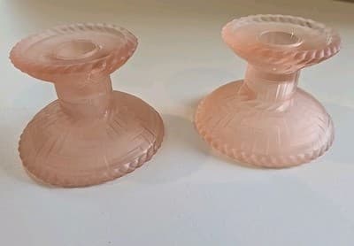 Vintage Pink Frosted Candleholder Set of 2 - Unusual Pattern - Unmarked