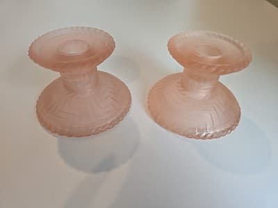 Vintage Pink Frosted Candleholder Set of 2 - Unusual Pattern - Unmarked - Thumbnail 10