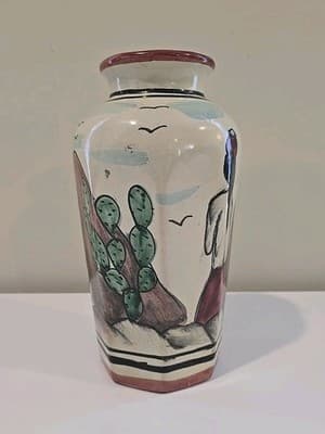 Mexican Hand Painted Girl Woman Cactus Vase Signed Pinal H. Mexico - Thumbnail 3