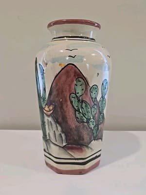 Mexican Hand Painted Girl Woman Cactus Vase Signed Pinal H. Mexico - Thumbnail 5