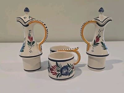 HB Quimper Oil Vinegar Cruet Set w/ Stand Blue Breton Man Lady France READ - Thumbnail 9