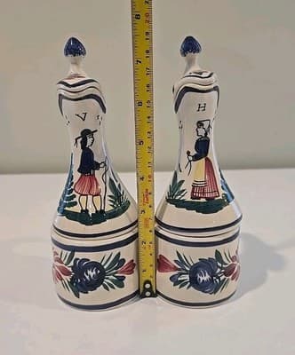 HB Quimper Oil Vinegar Cruet Set w/ Stand Blue Breton Man Lady France READ - Thumbnail 2