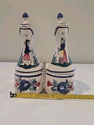 HB Quimper Oil Vinegar Cruet Set w/ Stand Blue Breton Man Lady France READ - Thumbnail 3