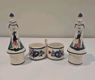 HB Quimper Oil Vinegar Cruet Set w/ Stand Blue Breton Man Lady France READ - Thumbnail 5