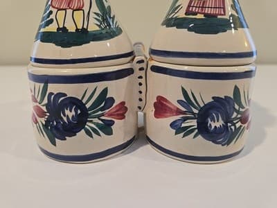 HB Quimper Oil Vinegar Cruet Set w/ Stand Blue Breton Man Lady France READ - Thumbnail 4