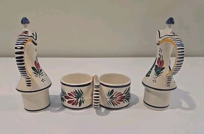 HB Quimper Oil Vinegar Cruet Set w/ Stand Blue Breton Man Lady France READ - Thumbnail 7