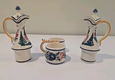 HB Quimper Oil Vinegar Cruet Set w/ Stand Blue Breton Man Lady France READ - Thumbnail 6