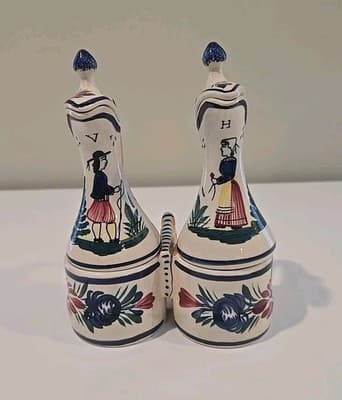 HB Quimper Oil Vinegar Cruet Set w/ Stand Blue Breton Man Lady France READ