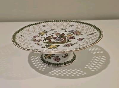 Vintage Victoria Austria Porcelain Reticulated Pedestal Compote Bowl Birds