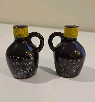 Vintage Little Brown Jug Salt and Pepper Set Shakers Handled Ceramic Pottery
