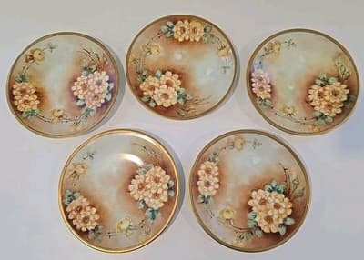 Antique UC Limoges 9.25" Plates Flowers Green Gold Edges Set of 5