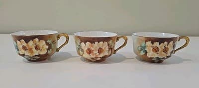 Antique Limoges France Porcelain Floral Set of 3 Tea Cups