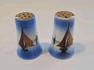 Sail Boats Salt & Pepper Shaker Set Japan Ceramic Scenic Blue Hand Painted Vtg