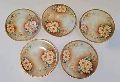 Antique UC Limoges 9.25" Plates Flowers Green Gold Edges Set of 5 - Thumbnail 2