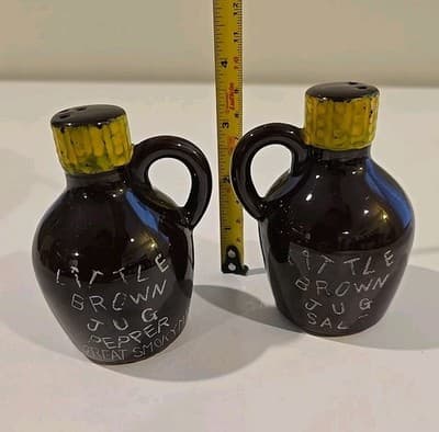 Vintage Little Brown Jug Salt and Pepper Set Shakers Handled Ceramic Pottery - Thumbnail 2