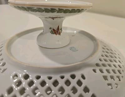 Vintage Victoria Austria Porcelain Reticulated Pedestal Compote Bowl Birds - Thumbnail 9