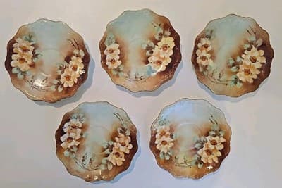 Antique UC Limoges Saucer Plates 6" Flowers Green Gold Edges Set of 5