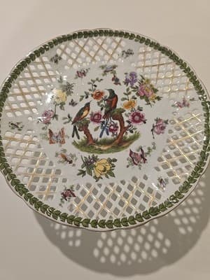Vintage Victoria Austria Porcelain Reticulated Pedestal Compote Bowl Birds - Thumbnail 7