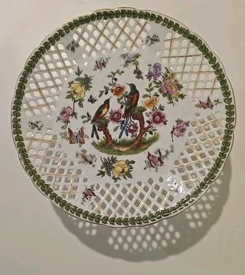 Vintage Victoria Austria Porcelain Reticulated Pedestal Compote Bowl Birds - Thumbnail 4