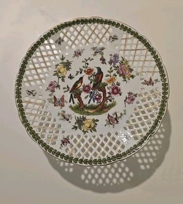 Vintage Victoria Austria Porcelain Reticulated Pedestal Compote Bowl Birds - Thumbnail 3
