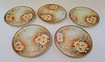 Antique UC Limoges 9.25" Plates Flowers Green Gold Edges Set of 5 - Thumbnail 3
