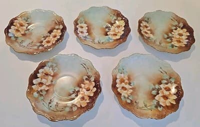 Antique UC Limoges Saucer Plates 6" Flowers Green Gold Edges Set of 5 - Thumbnail 2