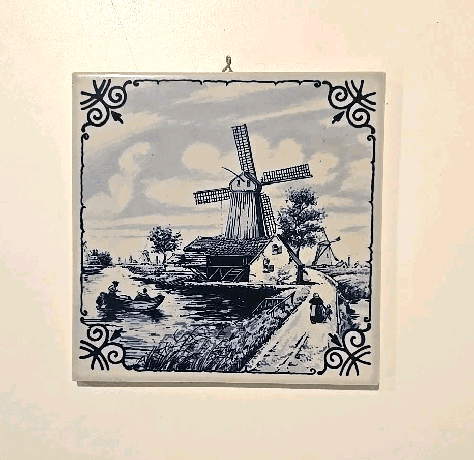 Delft Hand Painted Dutch Windmill Fishermen 6"x6" Ceramic Tile Holland Blue