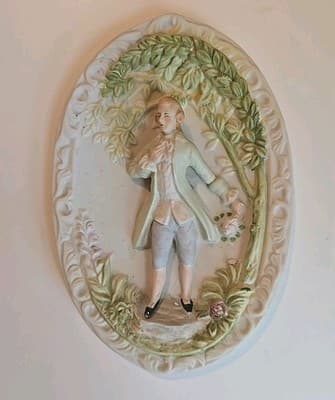 Chase Wall Plaques Couple Hand Painted Occupied Japan 1940's Bisque Relief 2pc - Thumbnail 2